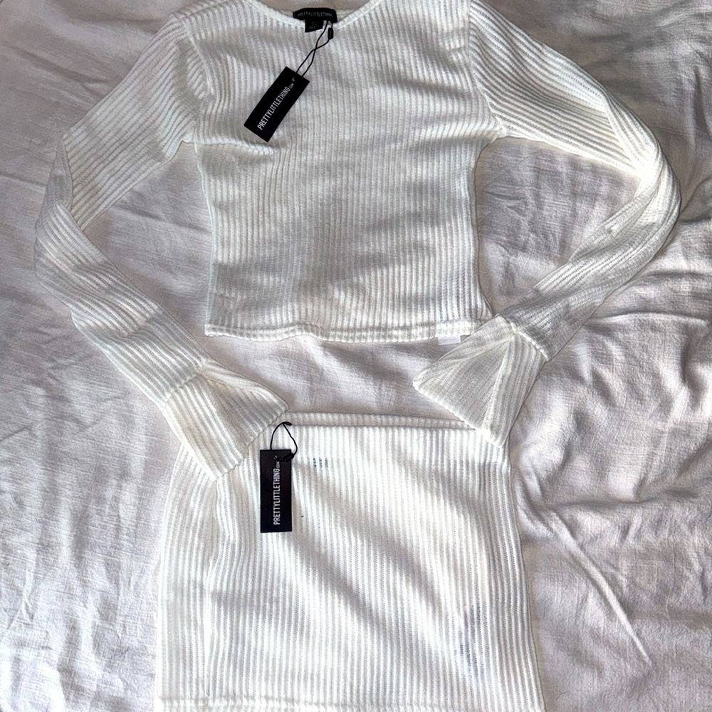 PRETTY LITTLE THING - white, knit, 2 piece set, skirt and long sleeve top